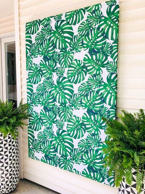 From Table to Wall – How to Create Easy Tablecloth Wall Art | Hometalk Large Outdoor Wall Art Patio, Outdoor Patio Art Wall Decor, Outdoor Wall Art Ideas Backyards, Patio Wall Art Ideas, Outdoor Wall Covering Ideas, Patio Artwork, Diy Outdoor Wall Decor, Outdoor Wall Art Ideas, Large Outdoor Wall Decor