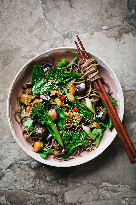 Soba Salad with Miso and Ginger Aubergine + Broccoli — Soba Salad, Tofu Noodles, Tenderstem Broccoli, Buckwheat Noodles, Snack Platter, Quick Dishes, Soba Noodles, Kitchen Stories, Green Kitchen