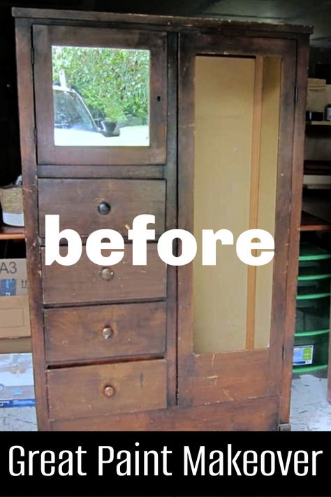 This wood wardrobe makeover included paint and decorative contact paper in place of the mirror. Repurposed Wardrobe Ideas, Armoire Paint Ideas, Upcycle Wardrobe Ideas, Chiffarobe Repurposed, Antique Chifferobe Makeover, Waterfall Wardrobe Makeover, Contact Paper Furniture Makeover, Vintage Armoire Makeover, Restored Wardrobe