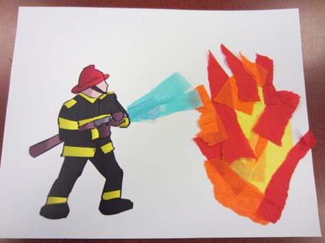 A pre-printed firefighter picture and torn tissue paper made a simple, yet fun, craft for our Terrific Twos storytime members. Fire Safety Preschool Crafts, Fireman Crafts, Fire Safety Crafts, Fire Truck Craft, Fireman Art, Fire Safety Theme, Fire Safety Preschool, Firefighter Crafts, Safety Crafts