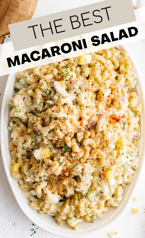 This classic Macaroni Salad Recipe is creamy, delicious, and super easy to make. Made with classic ingredients, including cooked elbow macaroni, hard-boiled eggs, crunchy celery, onions, and pickles, and dressed in a light and creamy mayo-based dressing, this fantastic pasta salad is the perfect summertime side dish for bbq's, picnics, and potlucks! Macaroni Dill Salad, Elbow Noodle Pasta Salad, Angel Hair Side Dish, Red White And Blue Pasta Salad, Jamaican Macaroni Salad, Shrimp Macaroni Salad Recipe, Mayo Based Pasta Salad, Maccarone Salad Recipe, Hellmans Macaroni Salad Recipe