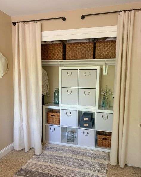 Pro Organizing Tips to Create a Home You Love - The Design Twins Cube Storage Inside Closet, Multi Use Closet Organization, Diy Closet Cube Storage, Temporary Closet Ideas, Mobile Home Closet Ideas, Make Shift Closet, Add Shelves To Closet, Closet Substitute, Closet With No Doors Ideas