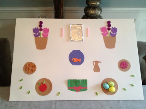 Haft seen craft for norouz - construction paper, stickers, adhesive foam, aluminum foil, candles, coins, colored sugar as sumac. Nowruz Crafts For Kids, Sofreh Haftsin, Norouz Ideas, Norooz Crafts, Norooz Card, Nowruz Crafts, Norooz Design, News Years Crafts For Kids, Haft Sin