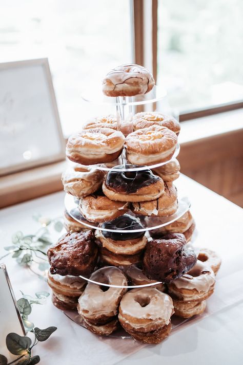 Donuts are in a 4-tier Stand Wedding Tiered Stand, Donuts, A Wedding, Wedding Reception, Presentation, Wedding Receptions