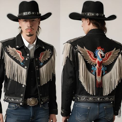 Mythical Denim Jacket #2 Cowboy Denim Jacket, Cowboy Leather Jacket, Mexican Ranch, Western Denim Jacket, Cowboy Jacket, Random Clothes, Rock Fashion, The Wild West, Medieval Armor