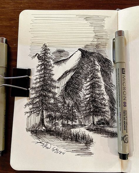 A still photo of my drawing the other day!🌲🏔️🌲 • www.phinspallette.com • #art #explore #explorepage #explorepage✨ #mountains #pinetree #ink #sketchbook Drawing Mountains Pencil, Sketching Mountains, Micron Drawing, Ink Sketchbook, Mountain Sketch, Pen Drawing, Art Book, Book Art, Sketch Book