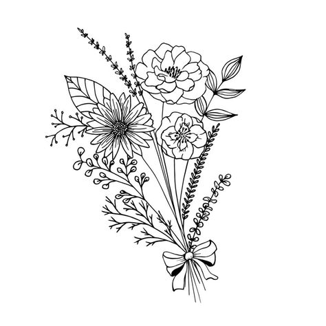 Bouquet With Bow, Bow Doodle, Spring Flowers Bouquet, Flower Bouquet Tattoo, Bow Drawing, Spring Flower Bouquet, Bouquet Tattoo, Stencils For Wood Signs, Bow Tattoo