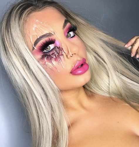 Melting Barbie Makeup, Barbie Halloween Makeup Look, Melted Barbie Makeup, Creepy Barbie Costume, Dead Barbie Makeup, Scary Barbie Makeup, Halloween Barbie Makeup, Zombie Barbie Makeup, Scary Barbie Costume