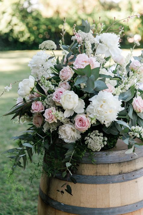 Wedding Florals | Wine Barrel | Wedding Flowers On Barrels, Wine Barrel Ideas Wedding, Large Floral Arrangements Wedding, Wine Barrel Floral Arrangement, Wine Barrel Ideas, Barrel Wedding Decor, Wine Barrel Wedding, Barrel Flowers, Blush Wedding Colors