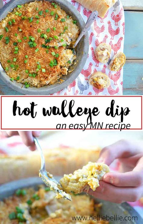 A Minnesota recipe... this hot walleye dip is cheesy, gooey, and delicious! A great appetizer for the big game or your next party. No walleye? Sub your favorite white fish, instead. Wild Fish Recipes, Walleye Soup, Panfish Recipes, Walleye Dip, Minnesota Recipes, Cabin Recipes, Canada Fishing, Fish Dip, Walleye Recipes