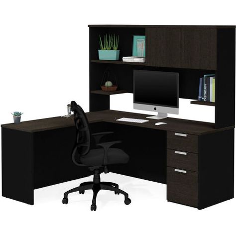 Bestar® L-Desk with Hutch - Deep Gray and Black - Pro-Concept Plus Series. Usually ships in3 days. Buy it and Save at GlobalIndustrial.com Black Desk Setup, Work Stationary, Narrow Desk, L Desk, Desk With Hutch, Desk Hutch, Small Shelves, Black Desk, L Shaped Desk