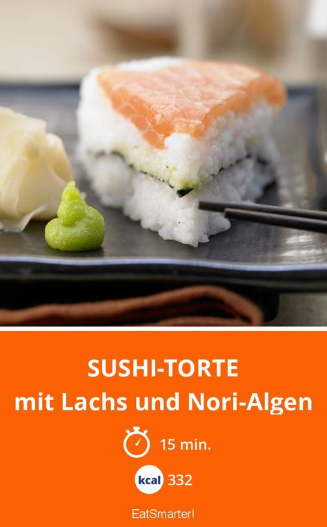 Sushi-Torte - mit Lachs und Nori-Algen - kalorienarm - schnelles Rezept - einfaches Gericht - So gesund ist das Rezept: 8,0/10 | Eine Rezeptidee von EAT SMARTER | Gesunde Galle, Jodmangel, Kinderwunsch, Morbus Crohn, Osteoporose, Reizdarm, Stress, Wechseljahre, Exotisch, Für Viele, Gäste, Scharf, Cholesterinarm, Diät, Eiweißreich, Fettarm, unter 400 kcal, Laktosefrei, Laktosefreie Fischrezepte, Superfood-Rezepte, Vitaminreich, Wenig Zucker, Asien, Japanisch, Gefrieren #fisch #gesunderezepte Sushi Co, Ginger Salmon, Sushi Cake, Salmon Soy Sauce, Nori Seaweed, Pickled Ginger, Sushi Rice, Savory Recipes, Eat Smarter