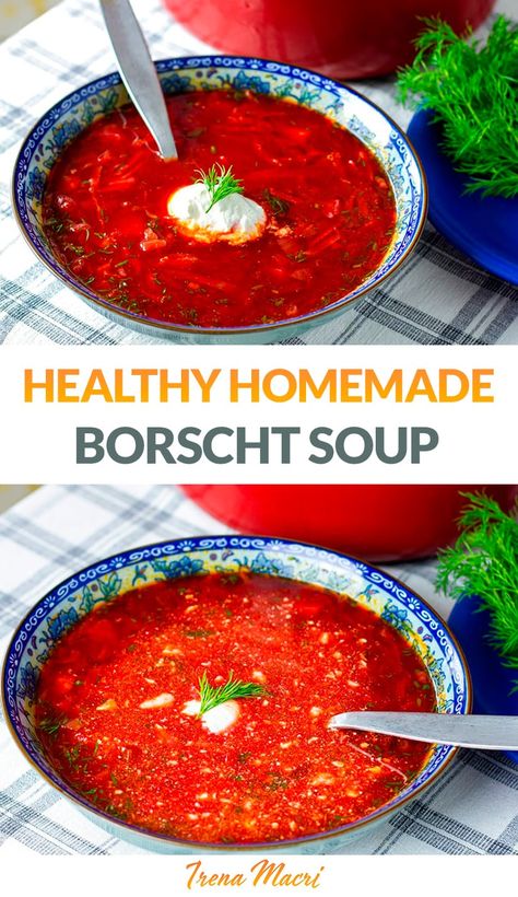 Made with nutritious beets, cabbage and root vegetables, my Ukrainian borscht soup recipe (also known as borsh, borsht, or борщ) is perfect as a dinner meal or hot lunch. Serve with a dollop with sour cream, dairy-free alternative or without. This is gluten-free, vegetarian, vegan, paleo, and Whole30-friendly. A great addition to your healthy soups recipes collection. Borscht Soup Recipe, Ukrainian Borscht, Root Vegetable Salad, Borscht Recipe, Soup Paleo, Borscht Soup, Fasting Recipes, Beetroot Soup, Alkaline Recipes