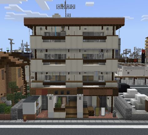 Apartment Building Entrance, Mc Banner, Minecraft Skyscraper, Minecraft Japanese, Japanese Apartment, Minecraft Structures, Building Entrance, Minecraft City, Minecraft Inspo