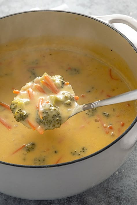 Broccoli Cheddar Soup Aesthetic, Homemade Broccoli Cheddar Soup, Cheddar Broccoli Soup, Comfort Food Soup, Soup Broccoli, Same Time Next Year, Snacks Under 100 Calories, Comfort Soup Recipes, Julienned Carrots