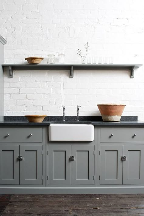 Why Choose Soapstone Countertops? | Hunker Modern Farmhouse Kitchen Cabinets, Black Kitchen Countertops, Devol Kitchens, Loft Kitchen, Gray Cabinets, Farmhouse Kitchen Cabinets, Kitchen Cabinets Decor, Casa Vintage, Classic Kitchen