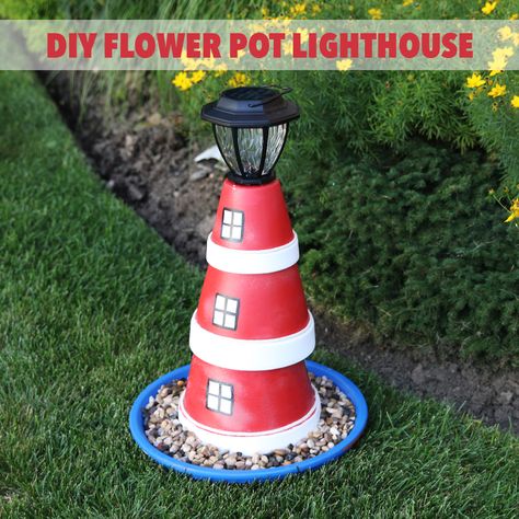 Add nautical style to your garden with this DIY flower pot lighthouse! Clay Pot Lighthouse, Lighthouse Crafts, Clay Pot Projects, Terra Cotta Pot Crafts, Flower Pot Crafts, Diy Flower Pots, Outdoor Crafts, Clay Pot Crafts, Light House