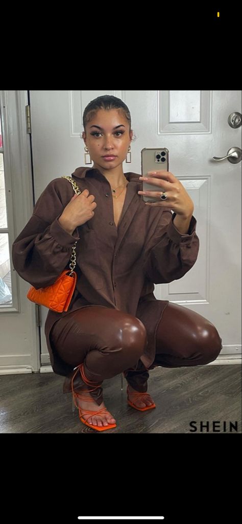 Leather Pants Outfit Black Women Winter, Brown Outfits For Black Women Birthday, Modest Birthday Outfits Black Women, Brown Leather Outfits For Black Women, Brown Leather Pants Outfit Black Women, Brown Brunch Outfit Black Woman, Brown Brunch Outfit, Date Night Outfit Leather Pants, Leather Pants Outfit Black Women