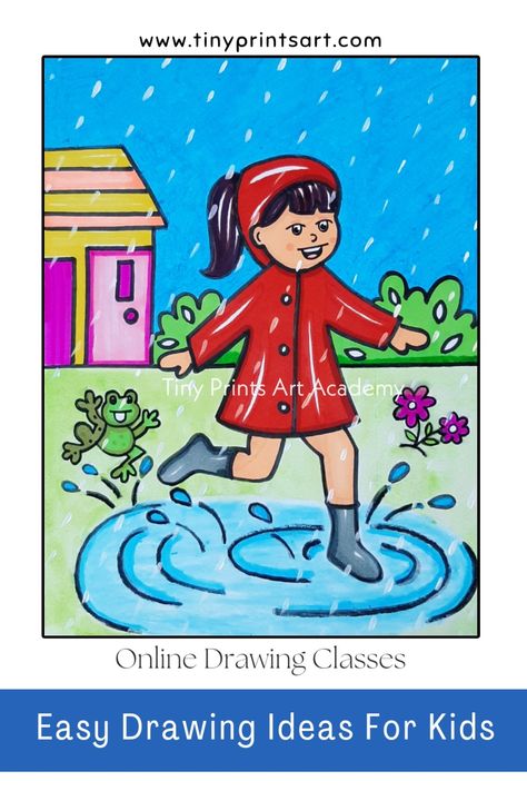 Monsoon Drawings For Kids, Drawing For 5th Class Student, Kids Art Class Ideas Lesson Plans, Imaginary Drawing, Dumbo Drawing, Crayons Artwork, Basic Drawing For Kids, Drawing Pictures For Kids, Scenery Drawing For Kids