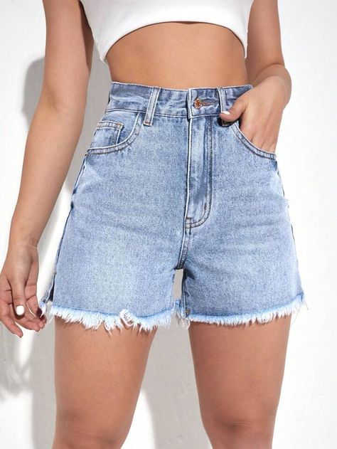 Free Returns ✓ Free Shipping✓. High Waist Raw Hem Denim Shorts- undefined at SHEIN. Chic Trousers, Cute Outfits With Shorts, Women Denim Shorts, Denim Shorts Outfit, Outdoor Shopping, Shopping Party, High Waisted Jean Shorts, Jeans For Short Women, Top Tank