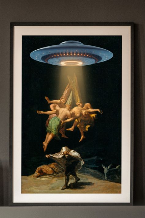 This print combines elements of vintage art and modern pop culture to create a one-of-a-kind collage. The centerpiece is a reinterpretation of Francisco Goya's famous painting "The Witches," with the addition of a spaceship hovering above the witches. Spaceship Painting, Dark Imagery, Wall Decor Eclectic, Eclectic Gallery Wall, Decor Eclectic, Art 2024, Francisco Goya, The Witches, Art Deco Posters