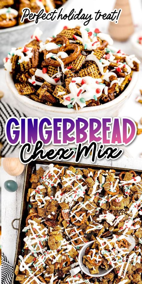 Gingerbread Chex Mix Recipes, Chex Mix Ingredients, Chex Party Mix Recipe, Chex Snack Mix, Chocolate Chex, White Chocolate Pretzels, Holiday Snack, How To Make Gingerbread, Chocolate Melting Wafers