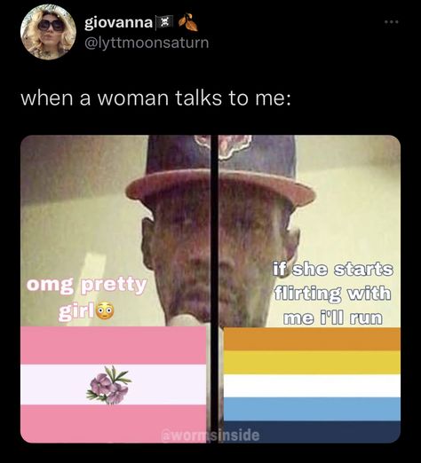 a twitter post by @lyttmoonsaturn that says “when a woman talks to me:”;
the picture under it: the ‘i have two sides’ meme, the left side with the sapphic flag that says “omg a pretty girl😳”, and the other with the aroace flag that says “if she starts flirting with me i’ll run”. Asexual Spectrum, Asexual Humor, Lgbt Humor, Ace Pride, Lgbtq Funny, Gay Memes, Women Talk, Self Worth, Fb Memes