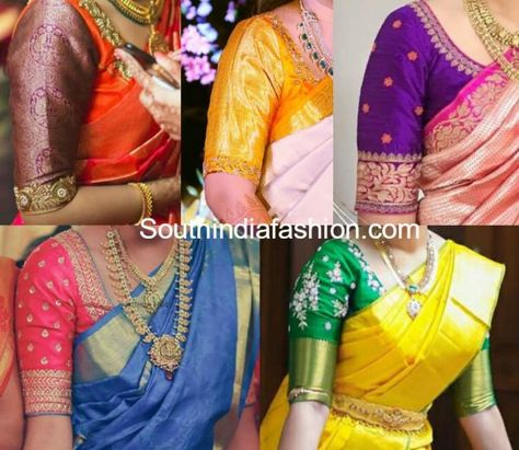 simple elbow length sleeves blouse designs for pattu silk sarees Red Blouse Design, Brocade Blouse Designs, Work Blouse Designs, Langa Voni, Maggam Work Blouse, Saree Bollywood, Pattu Saree Blouse Designs, Wedding Saree Blouse, Wedding Saree Blouse Designs