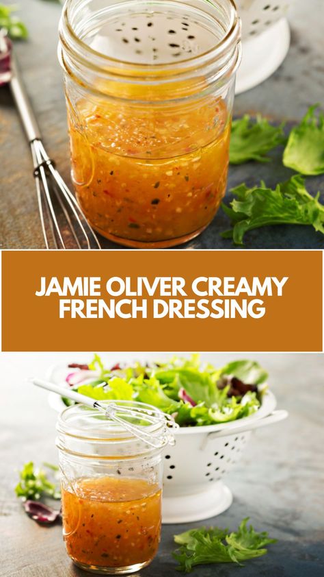 Jamie Oliver Creamy French Dressing is made with white wine vinegar, walnut oil, crème fraîche, Dijon mustard, fresh parsley, and high-quality extra virgin olive oil. This easy Creamy French Dressing recipe creates a versatile dressing that takes about 10 minutes to prepare and can serve up to 8 people. Creamy French Dressing, French Dressing Recipe, Pomegranate Dressing, French Dressing, Walnut Oil, Wine Vinegar, White Wine Vinegar, Jamie Oliver, Dressing Recipe