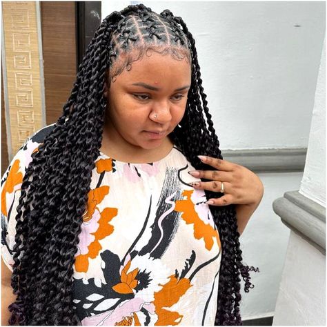 4. Criss Cross Medium Passion Twists: Criss Cross cornrows with passion twists are what I’d call, “a touch of drama!��” It’s creative and it’s stylish. Cris Cross Passion Twist, Cross Cross Passion Twist, Cross Passion Twist, Criss Cross Passion Twist, Criss Cross Cornrows, Cross Cornrows, Medium Passion Twists, Passion Twist Hairstyles, Coolest Hairstyles