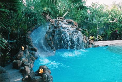 backyard Pool with water slide Piscina Diy, Insane Pools, Google Ideas, Taman Air, Diy Swimming Pool, Waterfalls Backyard, Piscina Natural, Pool Waterfall, Luxury Pools