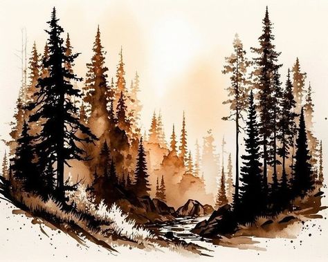 Watercolor Forest Tattoo, Pine Forest Drawing, Abstract Pine Tree, Pine Forest Painting, Pine Tree Landscape, Pine Tree Watercolor, Pine Watercolor, Watercolour Forest, Watercolor Pine Trees