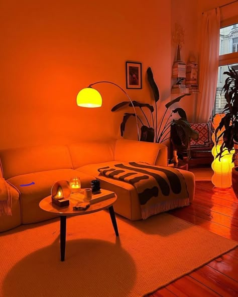 Apartment • Instagram Mood Lighting Living Room, Nyc Rooms, Cosy Aesthetic, Orange Rooms, Living Room Lamps, Room Lamps, Cosy Living, Cosy Living Room, Future Apartment Decor