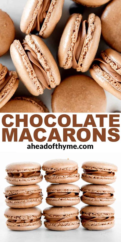 Chocolate Macarons with Chocolate Buttercream Chocolate Macaroons Recipe, Homemade Hot Chocolate Recipe, French Macaroon Recipes, Brownie Vegan, Chocolate Macarons, Macaron Filling, Chocolate Macaroons, Dark Chocolate Fudge, Chocolate Fudge Frosting