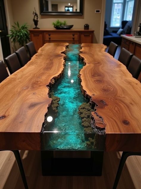 Live edge, epoxy river dining table. It's crazy how the epoxy is done in such a way that it looks like there's a bit if a drop in the middle, but there's not... smooth sailing. This is a true artist my friends. #woodslab #woodcarving Live Edge Epoxy Dining Table, How To Epoxy A Table Top, Epoxy Table Top Ideas, River Tables Epoxy, Live Edge Epoxy Table, Dining Table Epoxy, River Dining Table, Table Top Epoxy, Live Edge Epoxy