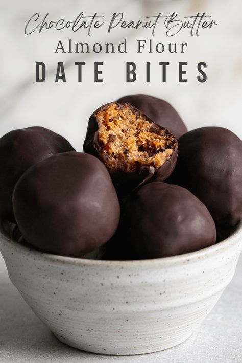 Chocolate Peanut Butter Almond Flour Date Bites Peanut Butter Chocolate Dates, Dates With Almond Butter, Peanut Butter Dates Chocolate, Dates Peanut Butter Chocolate, Dates Almond Butter Chocolate, Clean Dessert, Chewy Granola, Paleo Recipes Dessert, Protein Bites