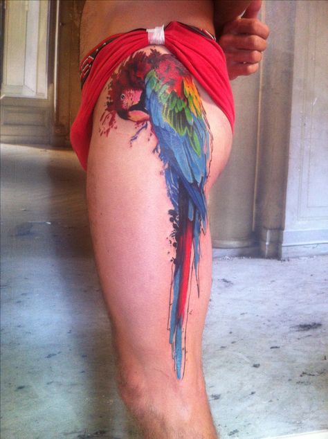 watercolor tattoo, parrot Parrot Feather Tattoo, Rose Tattoo Forearm, Parrot Tattoo, Parrot Feather, Feather Tattoo, Memorial Tattoos, Funny Tattoos, Feather Tattoos, Abstract Tattoo