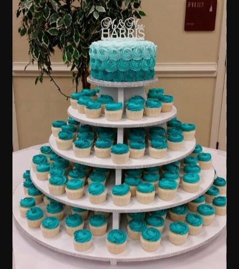 Teal Wedding Cake, Cupcake Wedding, Cupcakes Wedding, Sweet 16 Birthday Cake, Diy Wedding Cake, 16 Birthday Cake, Wedding Cake Table, Cupcake Tower, Wedding Cakes With Cupcakes