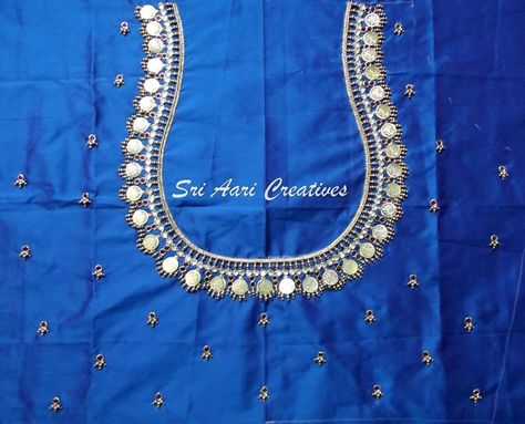 For orders contact Sri Aari Creatives - 9842995293 Free Embroidery Designs Pes, Mala Design, Kasu Mala, Magam Work Designs, Magam Work, Maggam Blouse, Blouse Works, Mirror Work Blouse Design, Latest Bridal Blouse Designs