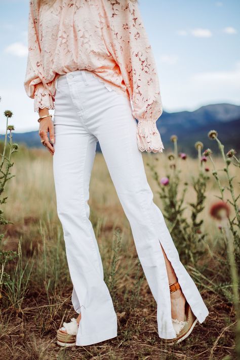 White Jeans for women Over 40, Fashion blogger Busbee Style wearing white 7 For All Mankind split hem jeans, See by Chloe espadrille wedges, pink lace long sleeve Free People top in Telluride, Colorado Trendy High Rise White Jeans, White Wide-leg Jeans For Work, Fitted White Jeans With Belt Loops, White High-rise Flare Jeans For Summer, High-rise White Jeans With Belt Loops, Jeans For Women Over 40, Women Over 40 Fashion, White Jeans For Women, Chloe Wedges