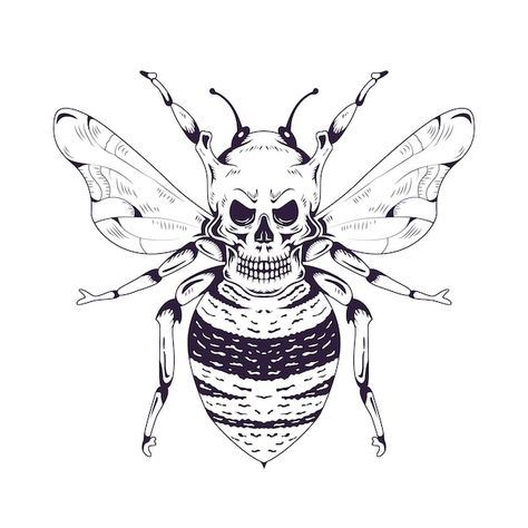 Tattoos 2022, Bee Sketch, Honey Bee Tattoo, Skulls Tattoo, Bumble Bee Tattoo, Dark Tattoos, Vector Line Art, Bee Drawing, Samurai Wallpaper