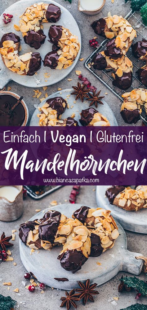 Vegane Mandelhörnchen (Einfach + Glutenfrei) Vegan Christmas Desserts, Clean Baking, Vegan Christmas Recipes, Vegan Bakery, Vegan Gluten Free Recipes, Vegan Christmas, Xmas Food, Sweet Pastries, Low Carb Snacks