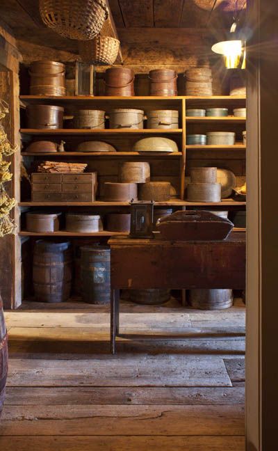 A sneak-preview from Tim Tanner's next Early American Country Homes book...  This is the work of my wonderful friend Ginny Curry. Butter Pantry, Old Shelves, Dried Gourds, Primitive Country Homes, Primitive Bedroom, Primitive House, Primative Decor, Pantry Boxes, Primitive Homes