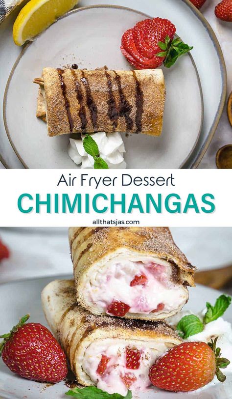 Cheesecake Burrito, Low Carb Tortilla Dessert Recipes, Air Fryer Mexican Desserts, Tortilla Dessert Recipes Air Fryer, Dessert Chimichanga, Air Fried Chimichanga Recipe, Cheesecake Chimichangas, Xangos Mexican Dessert, Apple Cheesecake Chimichangas