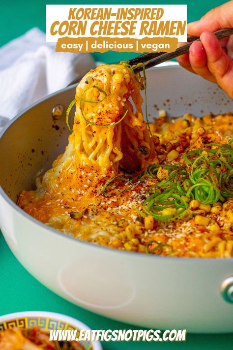 Korean-Inspired Vegan Corn Cheese Ramen: aka the perfect 20-minute meal! Chewy ramen noodles doused in rich gochujang sauce, tossed with sweet corn, then topped with creamy vegan cheese and baked until golden and bubbly! If you love Korean corn cheese and ramen, then consider the perfect marriage of these two dishes your new favorite recipe! Easy | Delicious | Vegan Corn Cheese Ramen, Korean Corn Cheese, Vegan Casseroles, Cheese Ramen, Korean Corn, Vegan Cheddar Cheese, Gochujang Sauce, Love Korean, Corn Cheese