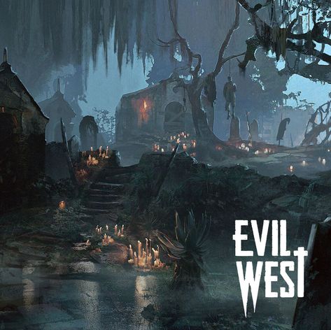 Swamp area - Evil West, Adrian Kubiak on ArtStation at https://www.artstation.com/artwork/X1Kn30 Evil West Art, Evil West, Anime Locations, Fantasy Western, Moon Hunters, Wild Hog, Van Helsing, The Dark Tower, West Art