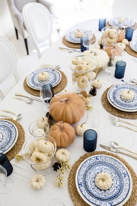 Blue Thanksgiving Table, Blue Thanksgiving, Blue Table Settings, Fashionable Hostess, Italian Coast, Thanksgiving Inspiration, Easter Table Settings, Fall Entertaining, Fall Table Settings