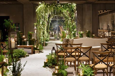 This magical wedding was held at the new 1 Hotel Brooklyn Bridge. The hotel prides itself on being environmentally friendly and using recycled organic materials, which paved the way for this ethereal enchanted forest theme. The bride walked down a pristine white serpentine aisle lined with moss, ferns, candles and foliage. For the ceremony seating we chose an assortment of benches, chairs and couches, coupled with lounge-style seating for the dinner and dance reception space. The celebration ... Indoor Forest Wedding, Indoor Forest, 1 Hotel Brooklyn Bridge, Wedding Ceremony Seating, Enchanted Forest Theme, 1 Hotel, Lounge Style, Ceremony Seating, Forest Theme