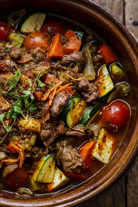 A bowl of hearty beef stew with vegetables like tomatoes, carrots, and zucchini. Beef Tagine Recipes Moroccan Spices, Chicken Tagine Recipes Morocco, Moroccan Food Recipes, Tajine Recipes, Tagine Recipes Chicken, Moroccan Dish, Moroccan Foods, Moroccan Tagine Recipes, Tajin Recipes