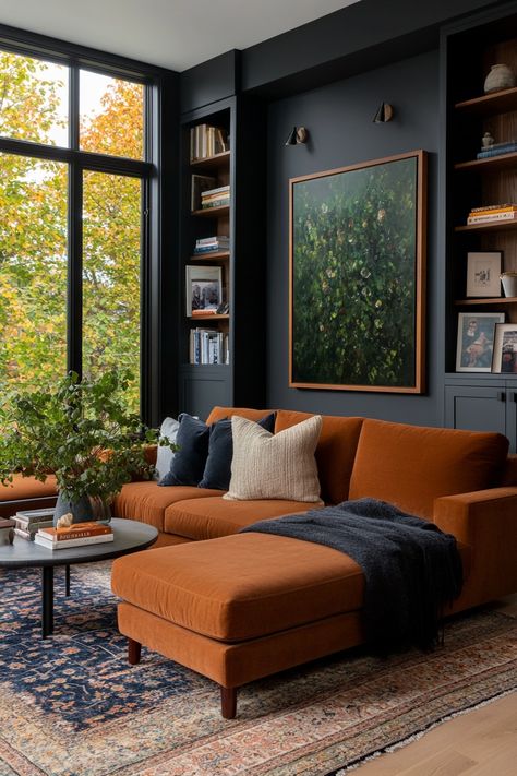 How to Get Your Living Room Both Moody and Neutral – Everyday Inspo Moody Living Room Sectional, Inspired Modern Living Room, Moody Fireplace Room, Moody Front Room, Moody Colorful Living Room, Cozy Classic Living Room, Moody Apartment Living Room, Moody Earthy Living Room, Color Drenched Living Room